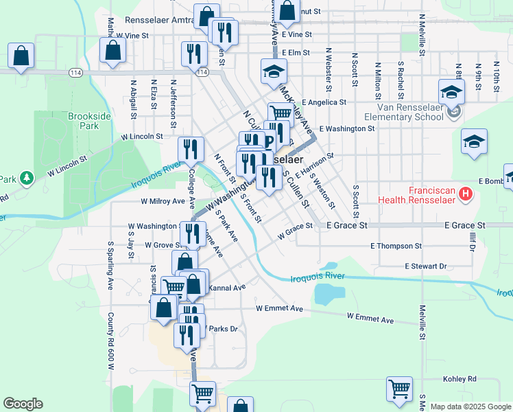 map of restaurants, bars, coffee shops, grocery stores, and more near 200-298 West Harrison Street in Rensselaer