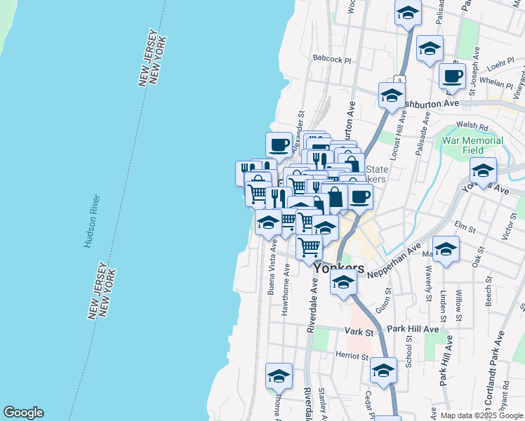 map of restaurants, bars, coffee shops, grocery stores, and more near 1 Van Der Donck Street in Yonkers