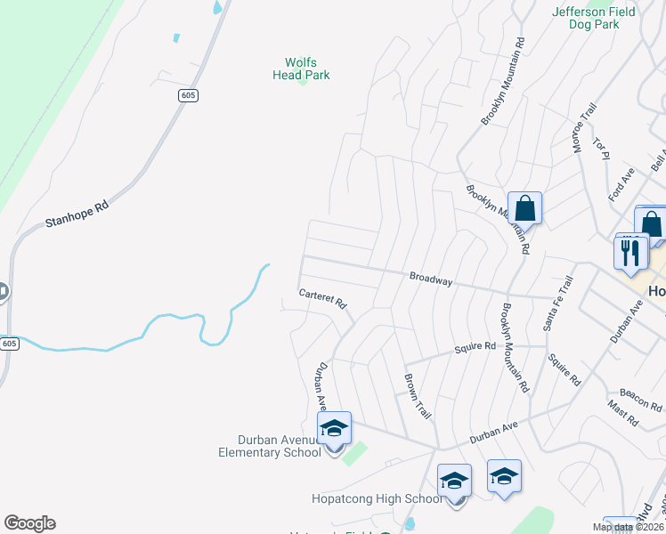 map of restaurants, bars, coffee shops, grocery stores, and more near 67 Broadway in Hopatcong