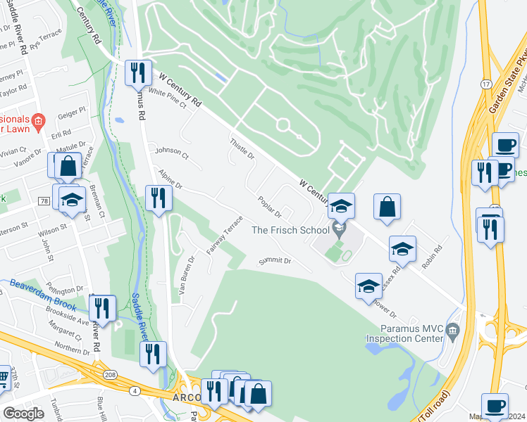 map of restaurants, bars, coffee shops, grocery stores, and more near 81 Poplar Drive in Paramus