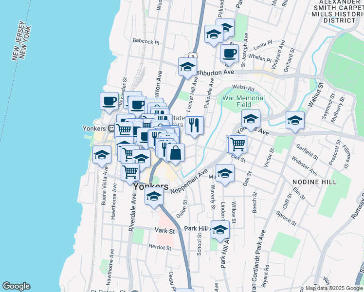 map of restaurants, bars, coffee shops, grocery stores, and more near 12 Locust Hill Avenue in Yonkers