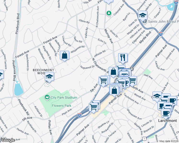 map of restaurants, bars, coffee shops, grocery stores, and more near 3 Huguenot Drive in Larchmont