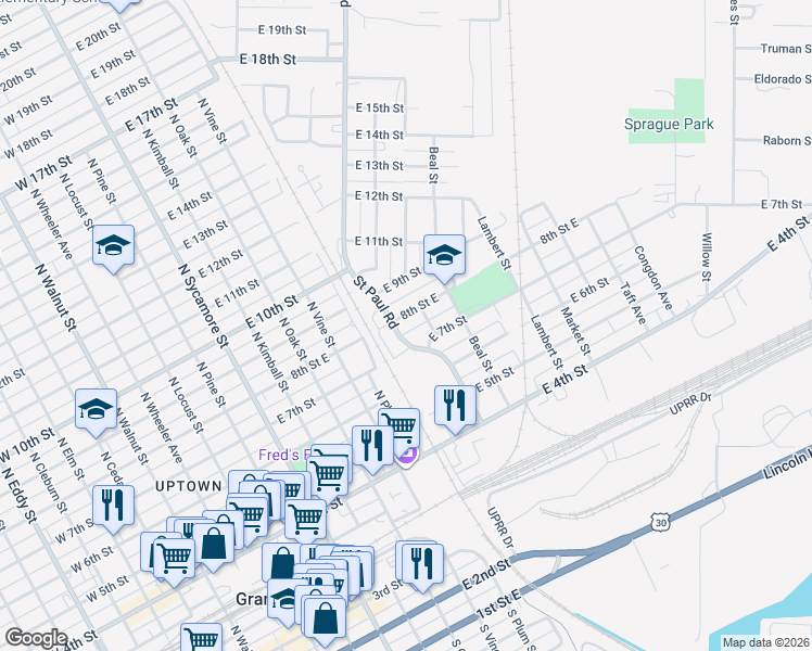 map of restaurants, bars, coffee shops, grocery stores, and more near 700-798 E 8th St in Grand Island