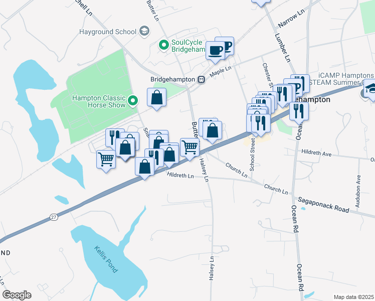 map of restaurants, bars, coffee shops, grocery stores, and more near 2214 Montauk Highway in Bridgehampton