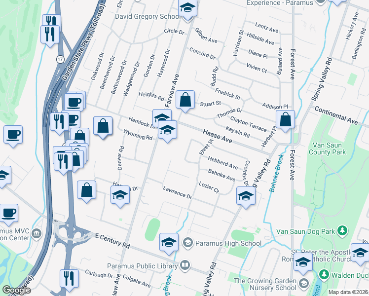map of restaurants, bars, coffee shops, grocery stores, and more near 138 Geering Terrace in Paramus