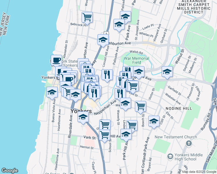 map of restaurants, bars, coffee shops, grocery stores, and more near 2 Elm Street in Yonkers