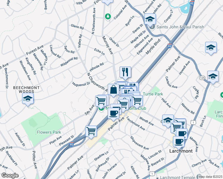 map of restaurants, bars, coffee shops, grocery stores, and more near 40 North Chatsworth Avenue in Larchmont