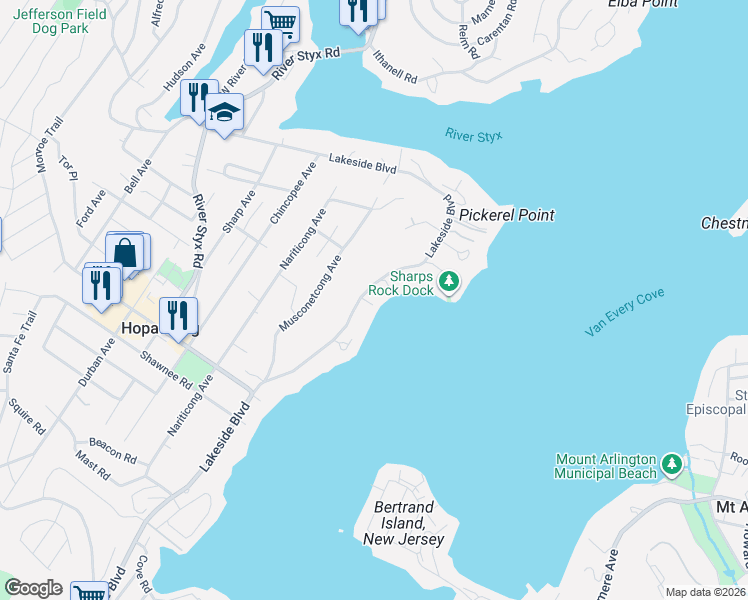 map of restaurants, bars, coffee shops, grocery stores, and more near 307 Lakeside Boulevard in Hopatcong