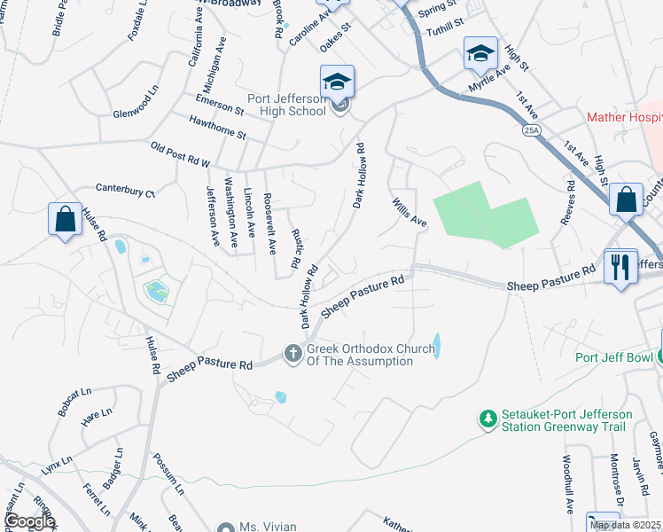 map of restaurants, bars, coffee shops, grocery stores, and more near 150 Dark Hollow Road in Port Jefferson