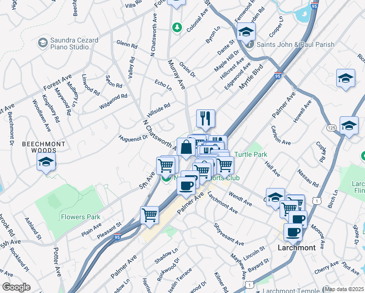 map of restaurants, bars, coffee shops, grocery stores, and more near 40 North Chatsworth Avenue in Larchmont