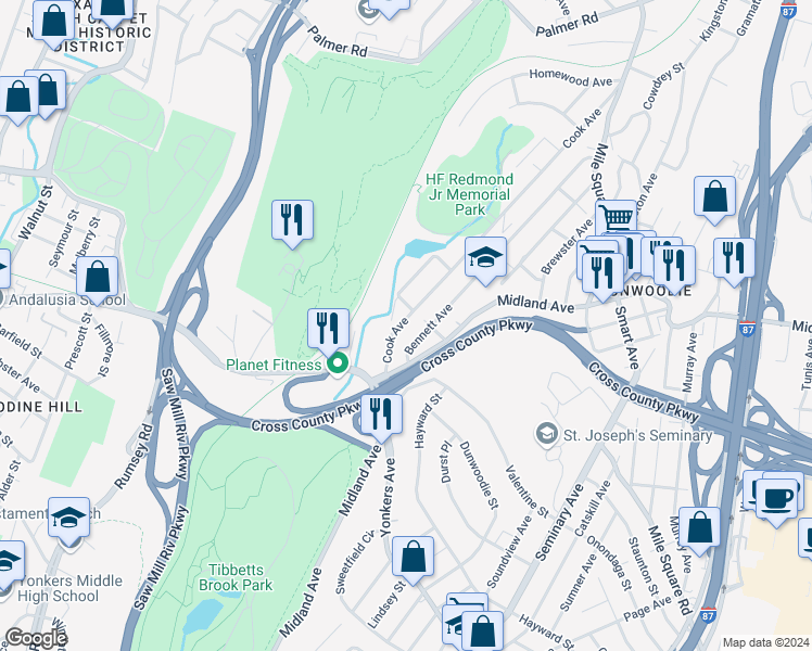 map of restaurants, bars, coffee shops, grocery stores, and more near 233 Yonkers Avenue in Yonkers