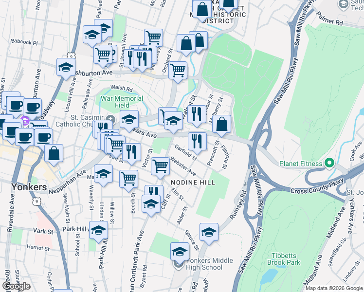 map of restaurants, bars, coffee shops, grocery stores, and more near in Yonkers