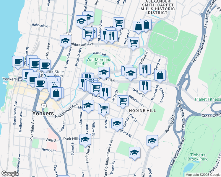 map of restaurants, bars, coffee shops, grocery stores, and more near 60 Yonkers Avenue in Yonkers