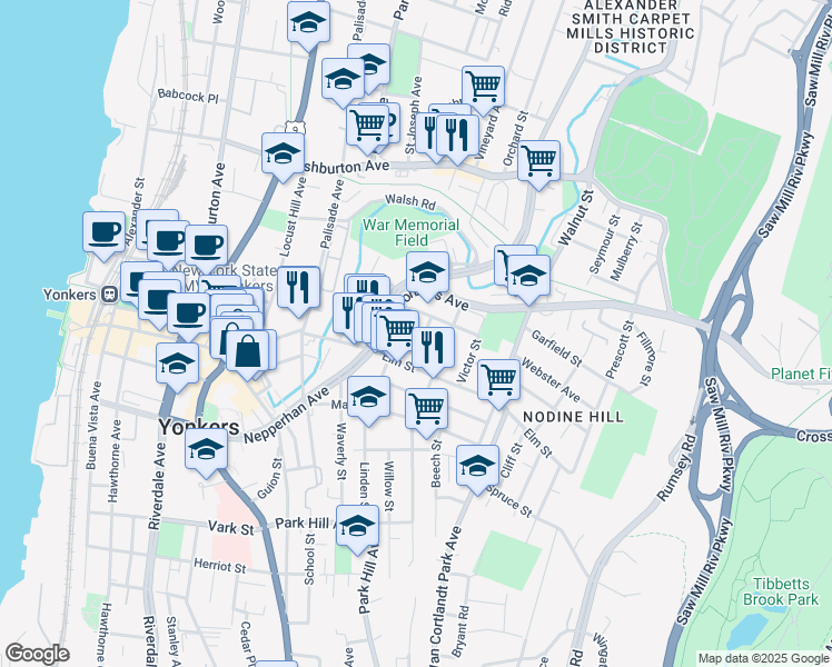 map of restaurants, bars, coffee shops, grocery stores, and more near 2 Riverview Place in Yonkers