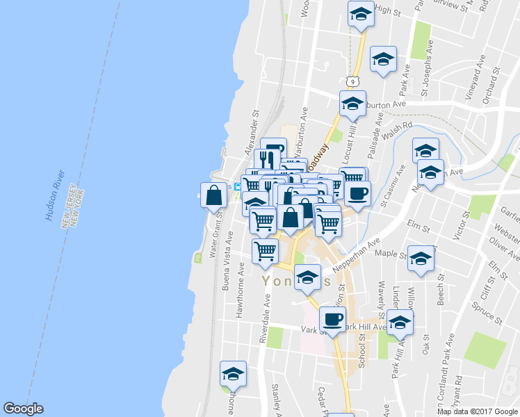 map of restaurants, bars, coffee shops, grocery stores, and more near 66 Main Street in Yonkers