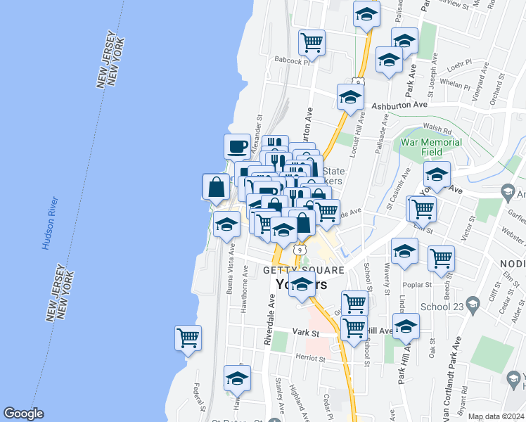 map of restaurants, bars, coffee shops, grocery stores, and more near 66 Main Street in Yonkers