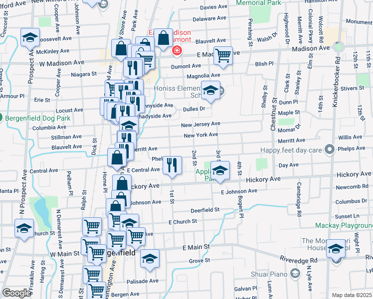 map of restaurants, bars, coffee shops, grocery stores, and more near 103 Merritt Avenue in Bergenfield