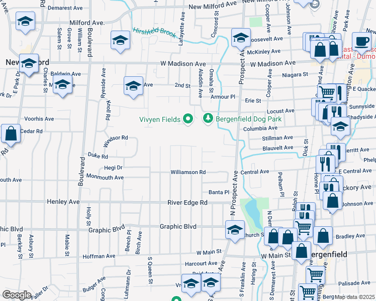 map of restaurants, bars, coffee shops, grocery stores, and more near 299 North Vivyen Street in Bergenfield