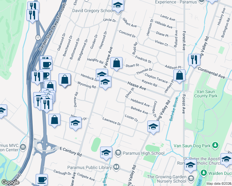 map of restaurants, bars, coffee shops, grocery stores, and more near 138 Geering Terrace in Paramus