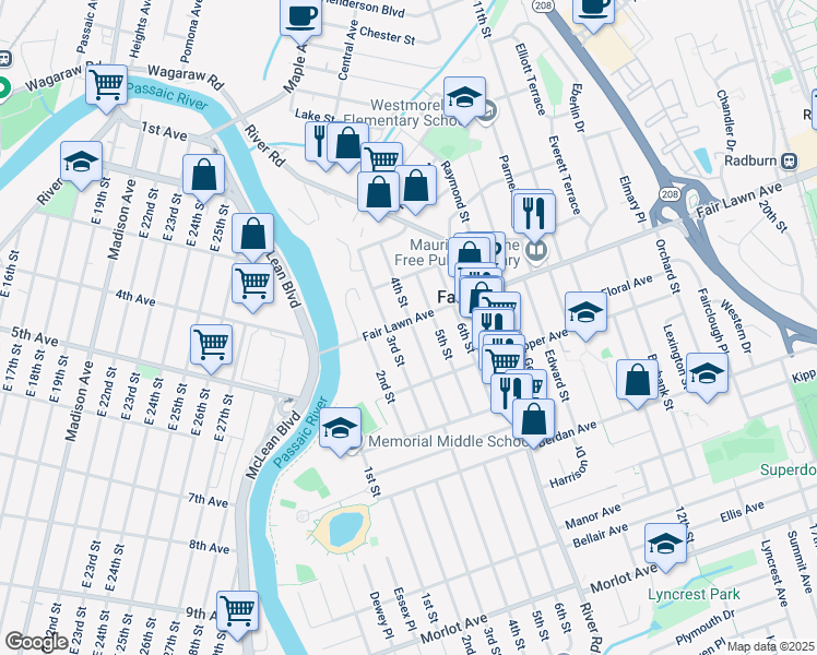 map of restaurants, bars, coffee shops, grocery stores, and more near 4-05 Fair Lawn Avenue in Fair Lawn