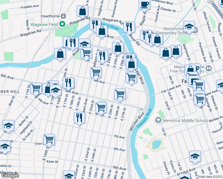 map of restaurants, bars, coffee shops, grocery stores, and more near 130 East 25th Street in Paterson