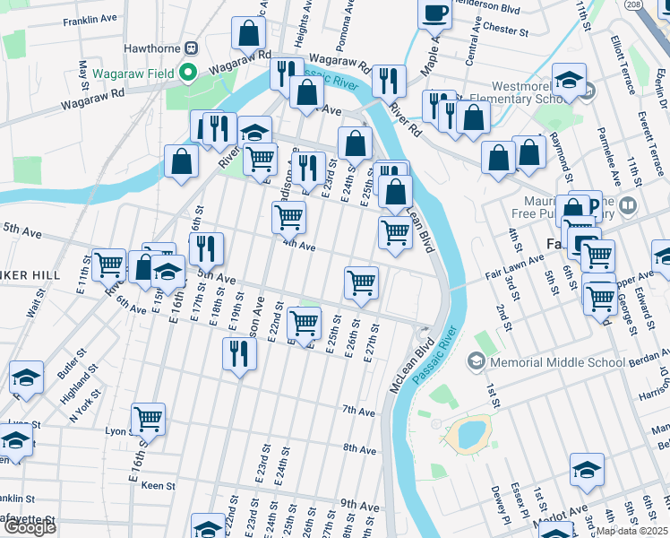 map of restaurants, bars, coffee shops, grocery stores, and more near 130 East 25th Street in Paterson