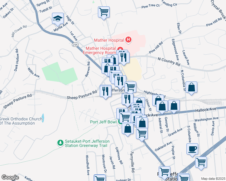 map of restaurants, bars, coffee shops, grocery stores, and more near 25 Linden Place in Port Jefferson