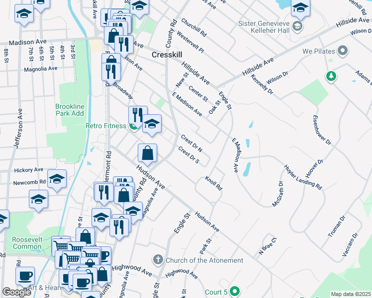 map of restaurants, bars, coffee shops, grocery stores, and more near 17 Crest Drive South in Cresskill