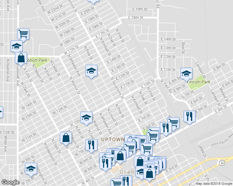 map of restaurants, bars, coffee shops, grocery stores, and more near 100-198 East 11th Street in Grand Island