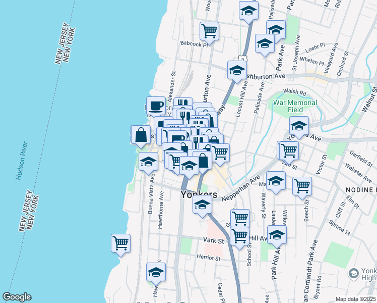 map of restaurants, bars, coffee shops, grocery stores, and more near 35 Main Street in Yonkers