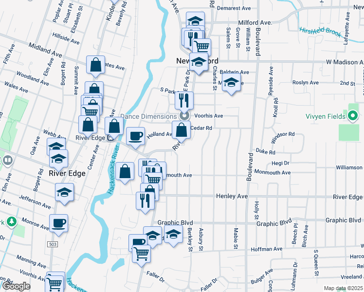 map of restaurants, bars, coffee shops, grocery stores, and more near 560 River Road in New Milford