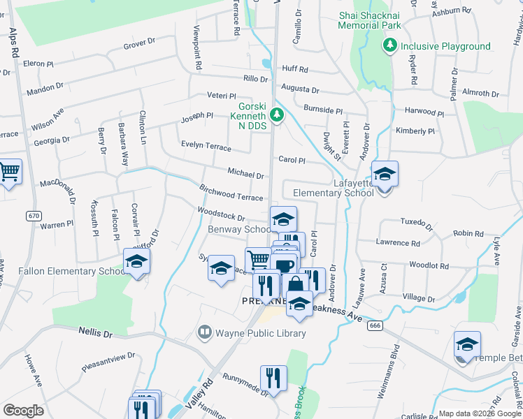 map of restaurants, bars, coffee shops, grocery stores, and more near 676 Valley Road in Wayne