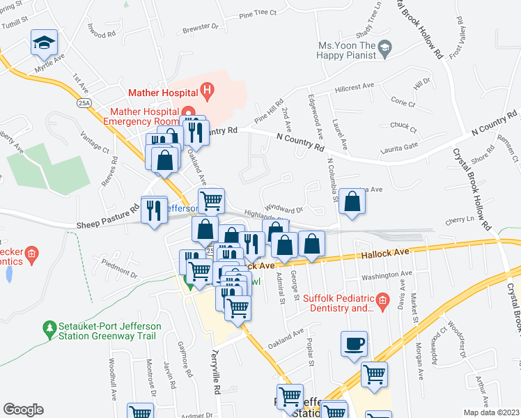 map of restaurants, bars, coffee shops, grocery stores, and more near 1 Leeward Lane in Port Jefferson