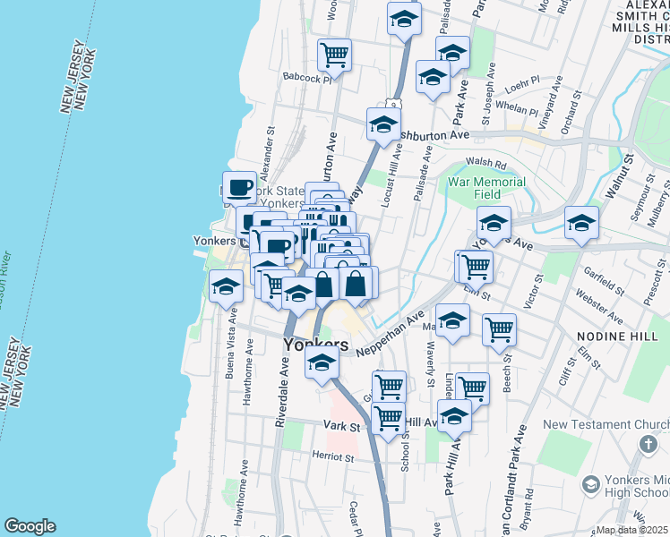 map of restaurants, bars, coffee shops, grocery stores, and more near 28 North Broadway in Yonkers