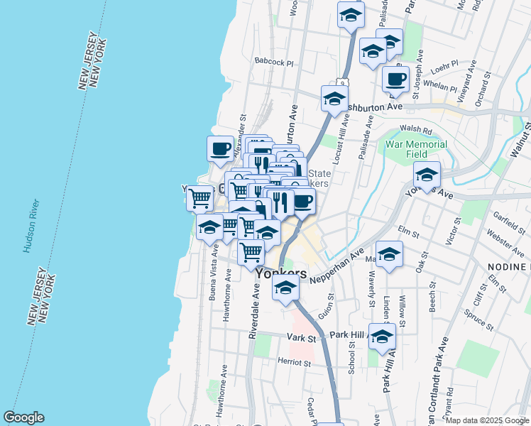 map of restaurants, bars, coffee shops, grocery stores, and more near 37 Main Street in Yonkers