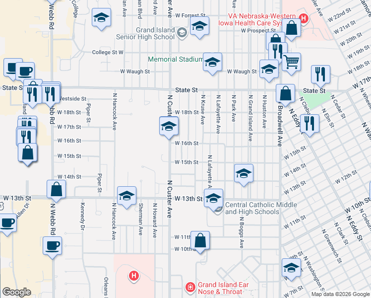 map of restaurants, bars, coffee shops, grocery stores, and more near 2404 West 16th Street in Grand Island