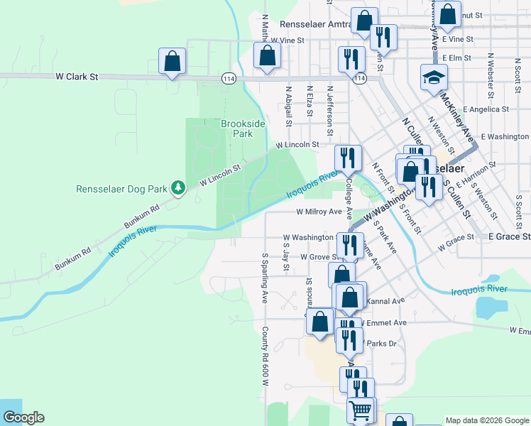 map of restaurants, bars, coffee shops, grocery stores, and more near 998 W Milroy Ave in Rensselaer