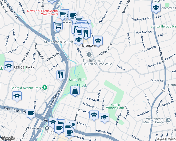 map of restaurants, bars, coffee shops, grocery stores, and more near 8 Alden Place in Bronxville