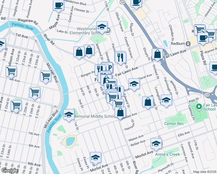 map of restaurants, bars, coffee shops, grocery stores, and more near 13-53 River Road in Fair Lawn