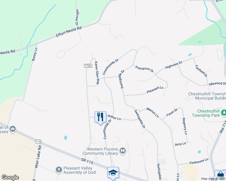 map of restaurants, bars, coffee shops, grocery stores, and more near 224 Countryside Drive in Brodheadsville