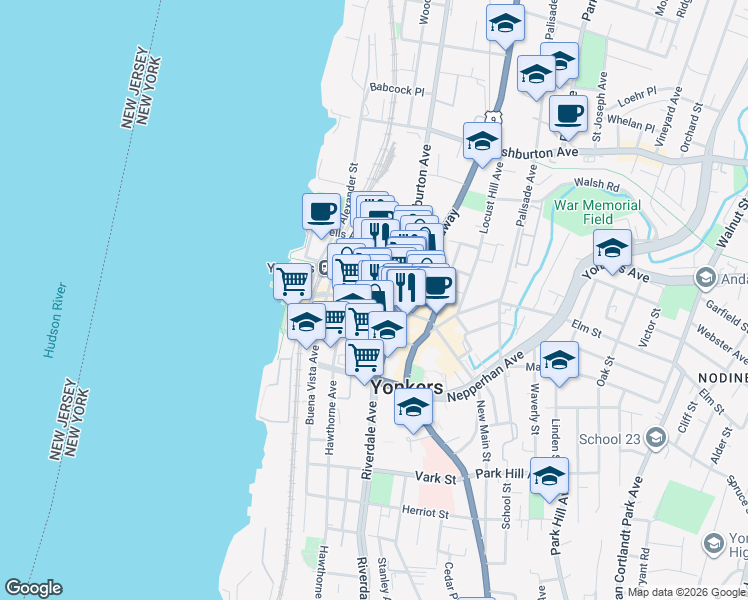 map of restaurants, bars, coffee shops, grocery stores, and more near 47 Main Street in Yonkers