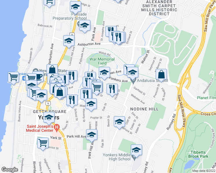 map of restaurants, bars, coffee shops, grocery stores, and more near 8 Riverview Place in Yonkers