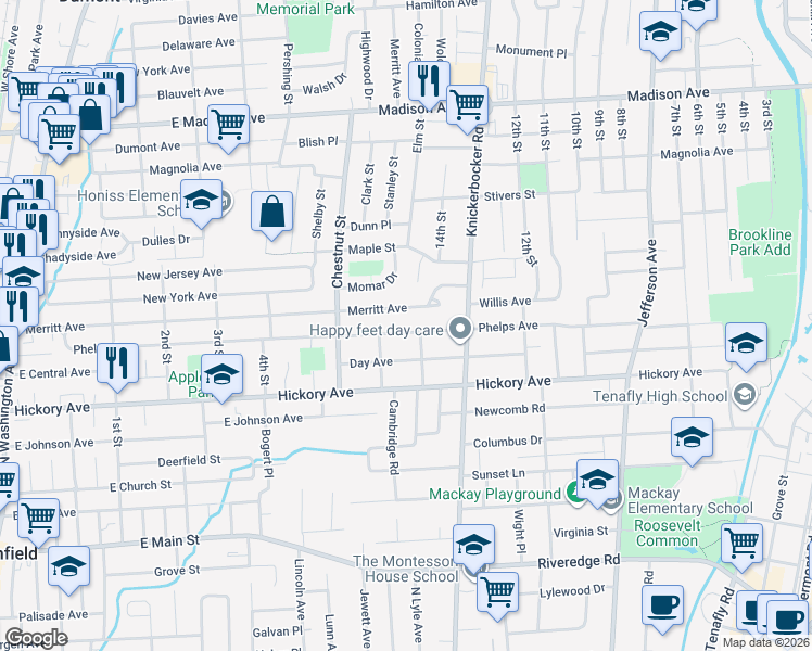 map of restaurants, bars, coffee shops, grocery stores, and more near 346 Merritt Avenue in Bergenfield