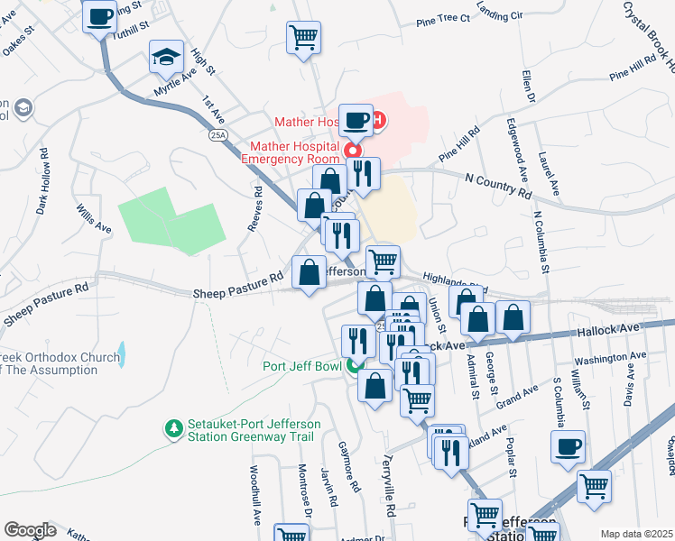 map of restaurants, bars, coffee shops, grocery stores, and more near 25 Linden Place in Port Jefferson