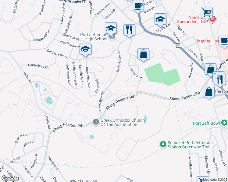 map of restaurants, bars, coffee shops, grocery stores, and more near 137 Dark Hollow Road in Port Jefferson