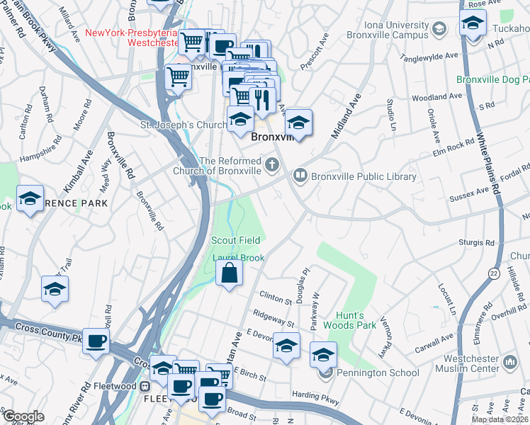 map of restaurants, bars, coffee shops, grocery stores, and more near 6 Alden Place in Bronxville