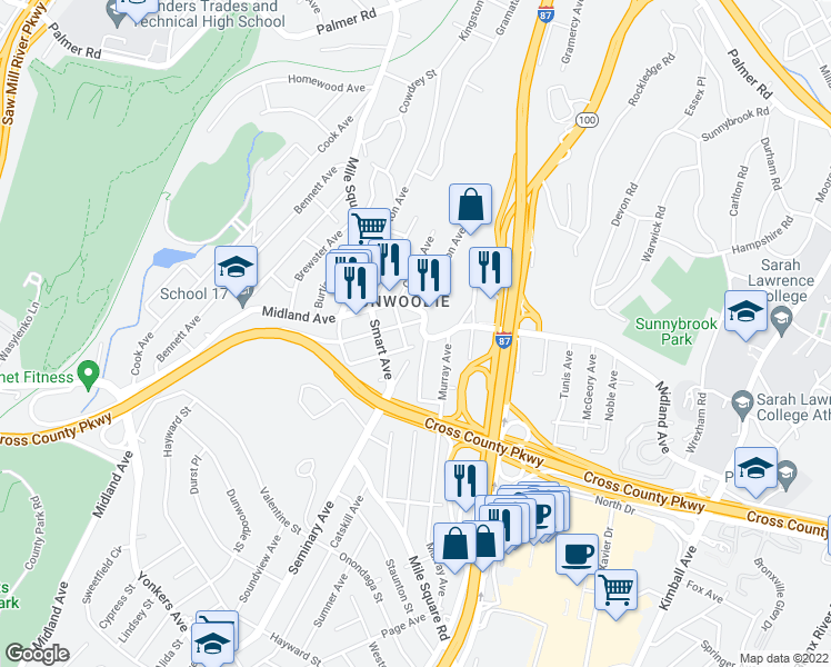 map of restaurants, bars, coffee shops, grocery stores, and more near in Yonkers