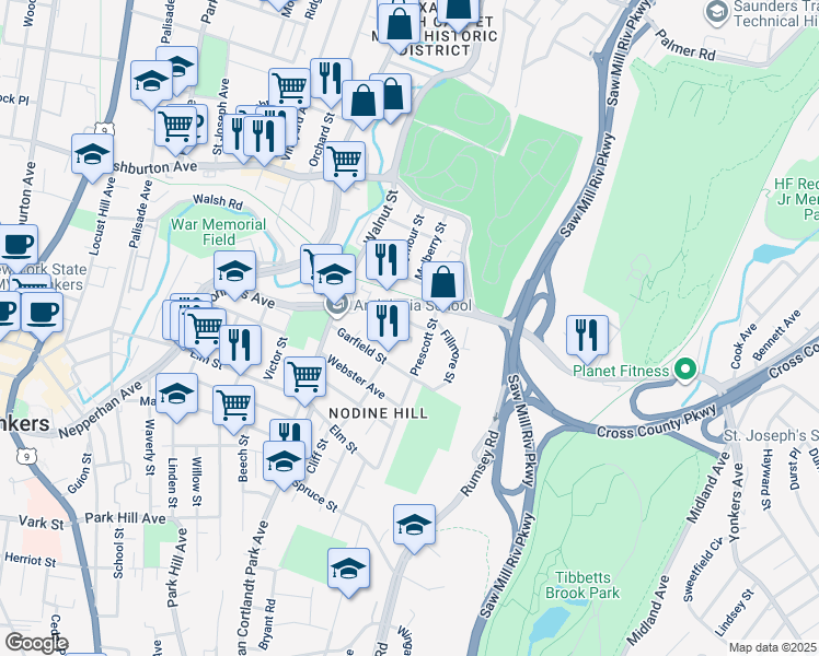 map of restaurants, bars, coffee shops, grocery stores, and more near 97 William Street in Yonkers