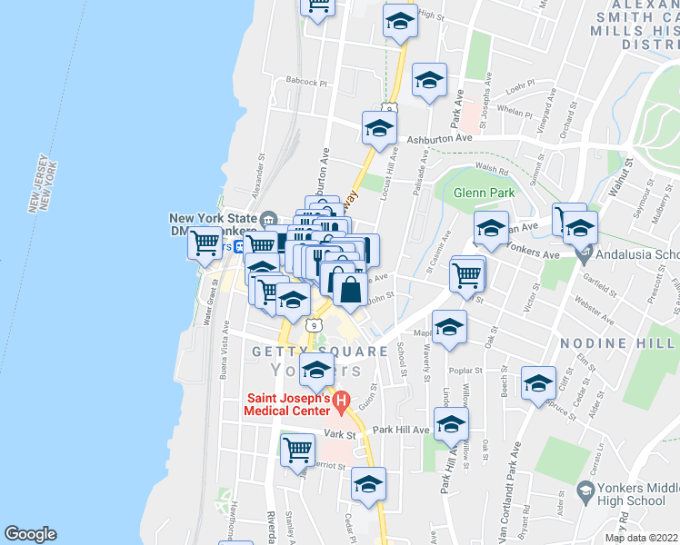 map of restaurants, bars, coffee shops, grocery stores, and more near 28 North Broadway in Yonkers