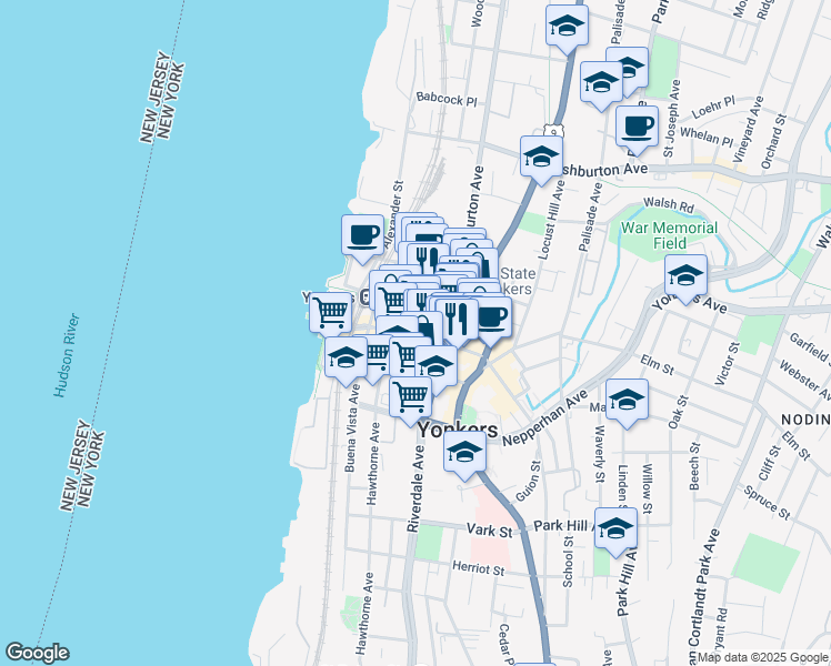 map of restaurants, bars, coffee shops, grocery stores, and more near 66 Main Street in Yonkers